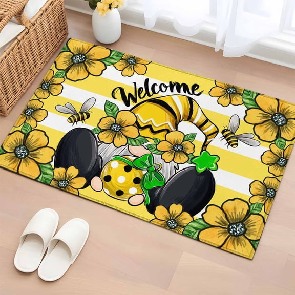 2x3 Ft Entryway Area Rug, Flower Gnomes Kitchen Rug Runner Washable Floor Mat, Yellow Botanical Floral Striped Star Bee Non Slip Indoor Door Mat Throw Carpet for Bathroom Living Room Bedroom