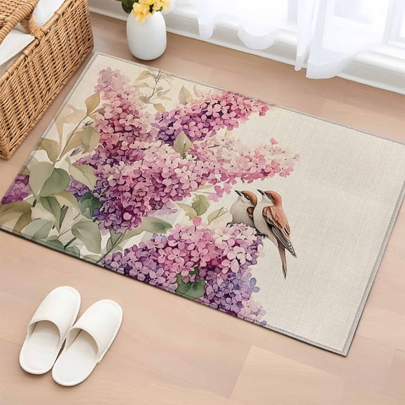 2x3 Ft Entryway Area Rug, Flowers Bird Kitchen Rug Runner Washable Floor Mat, Sparrow Animal Spring Pink Blossom Floral Non Slip Indoor Door Mat Throw Carpet for Bathroom Living Room Bedroom