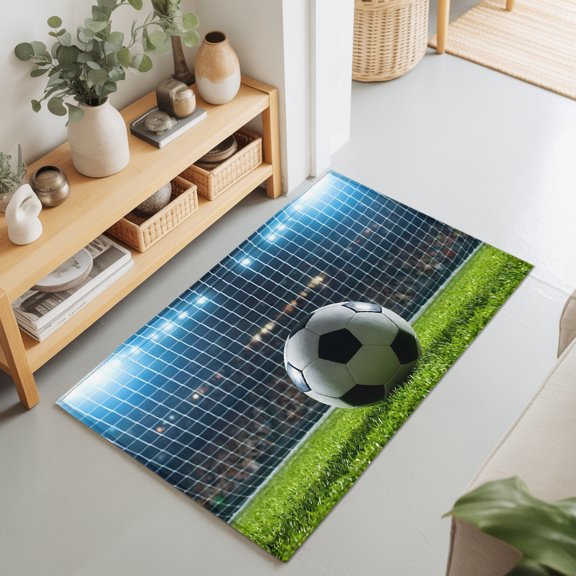 2x3 Ft Entryway Area Rug, Football Kitchen Rug Runner Washable Floor Mat, Soccer Ball Sports Net Mesh Evening Match Non Slip Indoor Door Mat Throw Carpet for Bathroom Living Room Bedroom