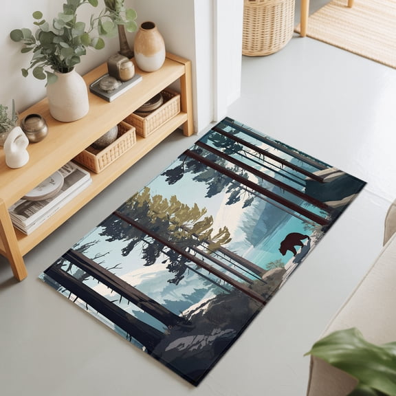 2x3 Ft Entryway Area Rug, Forest Bear Cabin Kitchen Rug Runner Washable Floor Mat, Lake Snow Mountain Trees Non Slip Indoor Door Mat Throw Carpet for Bathroom Living Room Bedroom