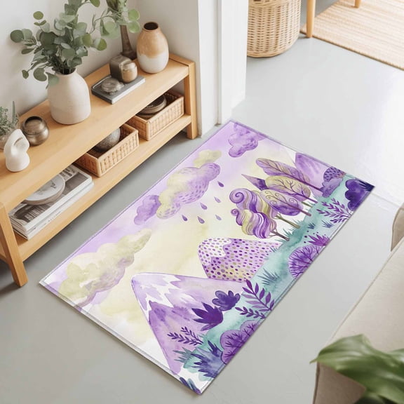 2x3 Ft Entryway Area Rug, Forest Simple Line-drawing Kitchen Rug Runner Washable Floor Mat, Purple Colorful Tree Grass Non Slip Indoor Door Mat Throw Carpet for Bathroom Living Room Bedroom