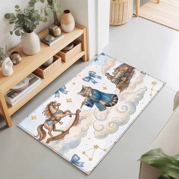 2x3 Ft Entryway Area Rug, Funny Cartoon Kitchen Rug Runner Washable Floor Mat, Blue Cute Cat Train Cloud Star Bow Knot Non Slip Indoor Door Mat Throw Carpet for Bathroom Living Room Bedroom