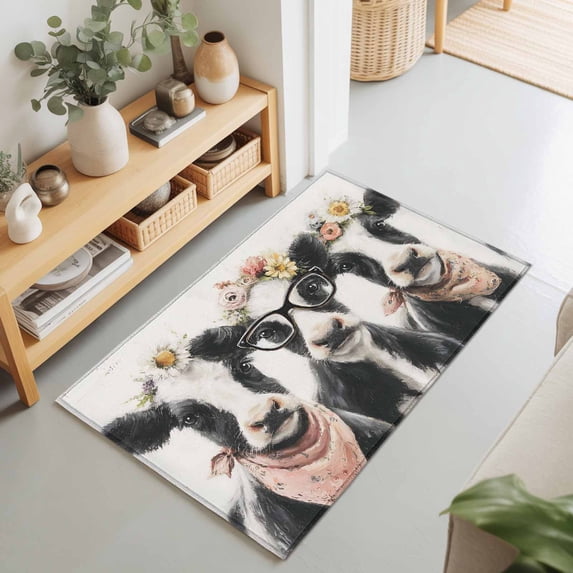 2x3 Ft Entryway Area Rug, Funny Cows Kitchen Rug Runner Washable Floor Mat, Retro Country Animals Floral Wreath Farmhouse Beige Non Slip Indoor Door Mat Throw Carpet for Bathroom Living Room Bedroom