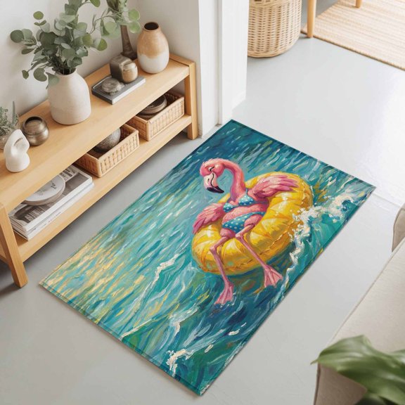 2x3 Ft Entryway Area Rug, Funny Flamingo Swimming Ring Kitchen Rug Runner Washable Floor Mat, Abstract Art Ocean Non Slip Indoor Door Mat Throw Carpet for Bathroom Living Room Bedroom