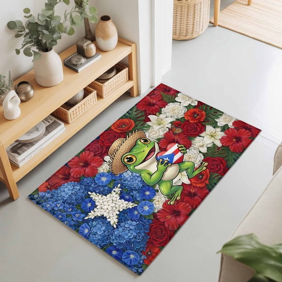 2x3 Ft Entryway Area Rug, Funny Frog Kitchen Rug Runner Washable Floor Mat, Farmhouse Red Blue Floral Puerto Rico Flag Non Slip Indoor Door Mat Throw Carpet for Bathroom Living Room Bedroom
