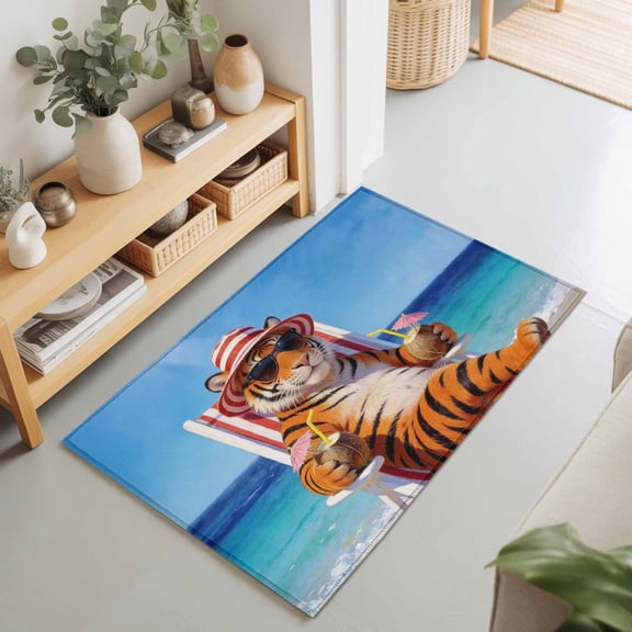 2x3 Ft Entryway Area Rug, Funny Tiger Summer Beach Kitchen Rug Runner Washable Floor Mat, Blue Sand Vacations Non Slip Indoor Door Mat Throw Carpet for Bathroom Living Room Bedroom