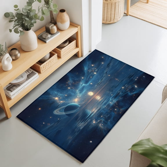 2x3 Ft Entryway Area Rug, Galaxy Space Kitchen Rug Runner Washable Floor Mat, Universe Planets Sparkling Stars Moon Blue Non Slip Indoor Door Mat Throw Carpet for Bathroom Living Room Bedroom