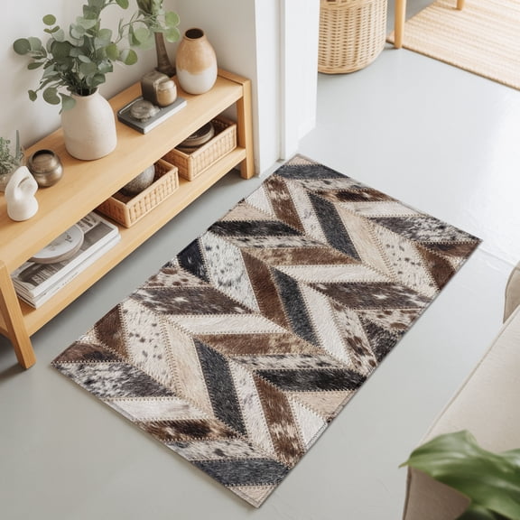2x3 Ft Entryway Area Rug, Geometric Cow Print Kitchen Rug Runner Washable Floor Mat, Farmhouse Country Cowhide Fur Brown Non Slip Indoor Door Mat Throw Carpet for Bathroom Living Room Bedroom