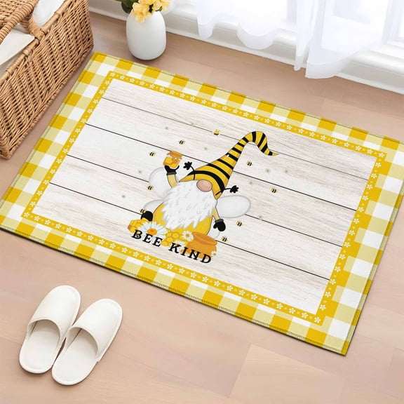 2x3 Ft Entryway Area Rug, Gnomes Bees Kitchen Rug Runner Washable Floor Mat, Spring Daisy Wooden Grain Yellow Plaid Non Slip Indoor Door Mat Throw Carpet for Bathroom Living Room Bedroom