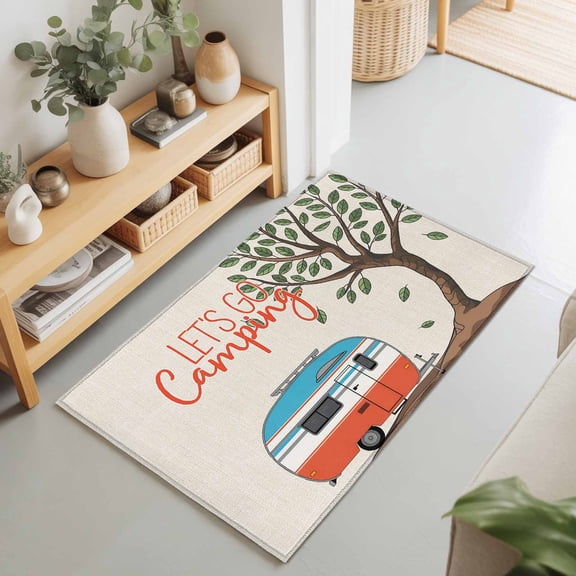 2x3 Ft Entryway Area Rug, Let's Go Camping Kitchen Rug Runner Washable Floor Mat, Modern Camper Van Trees Burlap Rustic Non Slip Indoor Door Mat Throw Carpet for Bathroom Living Room Bedroom