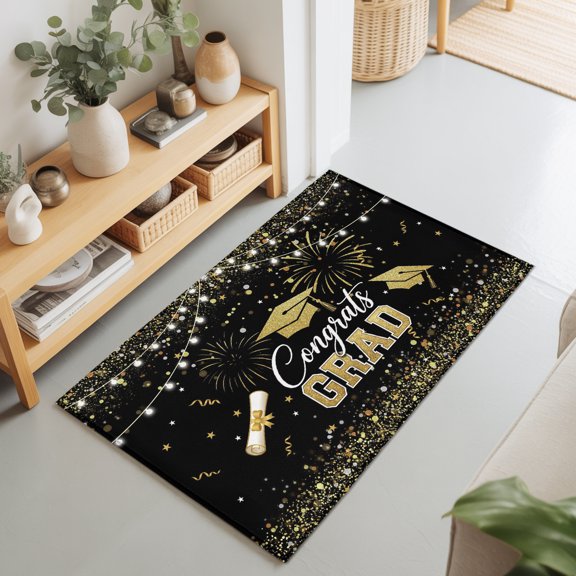 2x3 Ft Entryway Area Rug, Graduation Celebration Kitchen Rug Runner Washable Floor Mat, Black Golden Fireworks Cap Non Slip Indoor Door Mat Throw Carpet for Bathroom Living Room Bedroom