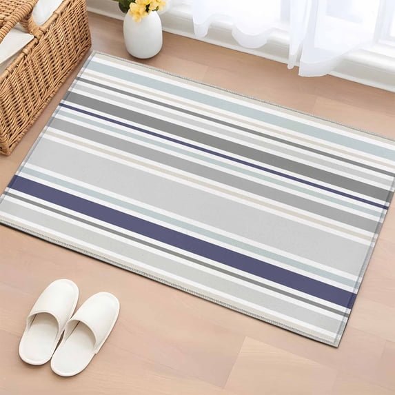 2x3 Ft Entryway Area Rug, Gray Stripe Kitchen Rug Runner Washable Floor Mat, Modern Abstract Art Navy Blue Striped Rustic Non Slip Indoor Door Mat Throw Carpet for Bathroom Living Room Bedroom