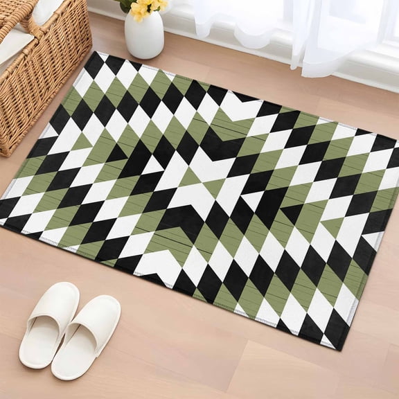 2x3 Ft Entryway Area Rug, Green Aztec Kitchen Rug Runner Washable Floor Mat, Black White Southwest Retro Geometric Non Slip Indoor Door Mat Throw Carpet for Bathroom Living Room Bedroom