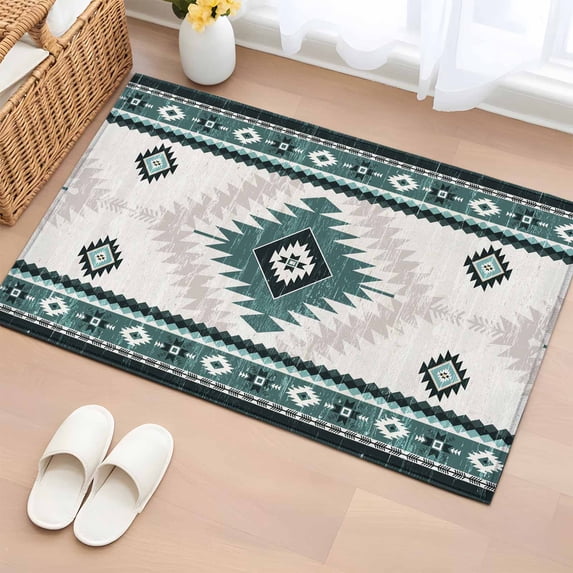 2x3 Ft Entryway Area Rug, Green Beige Boho Kitchen Rug Runner Washable Floor Mat, Vintage Ethnic Tribal Southwestern Non Slip Indoor Door Mat Throw Carpet for Bathroom Living Room Bedroom