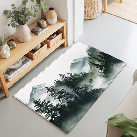 2x3 Ft Entryway Area Rug, Green Black Mountain Kitchen Rug Runner Washable Floor Mat, Forest Pine Trees Abstract Art Non Slip Indoor Door Mat Throw Carpet for Bathroom Living Room Bedroom