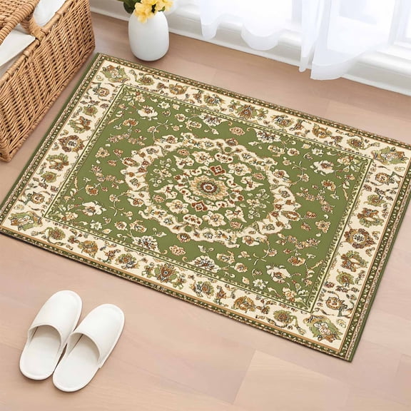 2x3 Ft Entryway Area Rug, Green Boho Chic Kitchen Rug Runner Washable Floor Mat, Traditional Classic Geometric Rustic Non Slip Indoor Door Mat Throw Carpet for Bathroom Living Room Bedroom