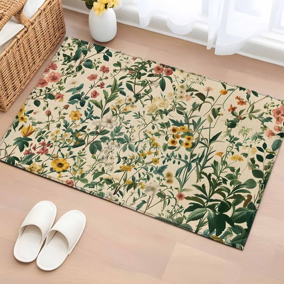 2x3 Ft Entryway Area Rug, Green Botanical Kitchen Rug Runner Washable Floor Mat, Vintage Plant Flowers Garden Leaf Motifs Non Slip Indoor Door Mat Throw Carpet for Bathroom Living Room Bedroom