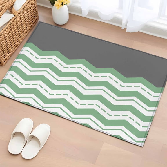 2x3 Ft Entryway Area Rug, Green Chevron Kitchen Rug Runner Washable Floor Mat, Geometric Grey Print Wavy Striped White Non Slip Indoor Door Mat Throw Carpet for Bathroom Living Room Bedroom
