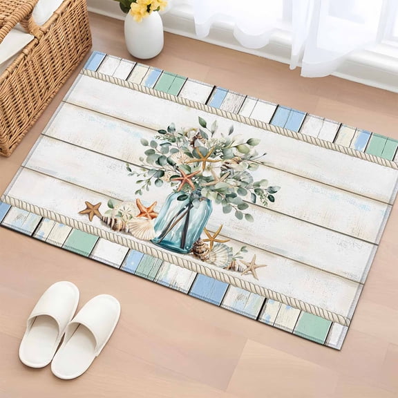 2x3 Ft Entryway Area Rug, Green Eucalyptus Kitchen Rug Runner Washable Floor Mat, Botanical Floral Starfish in Vase Non Slip Indoor Door Mat Throw Carpet for Bathroom Living Room Bedroom