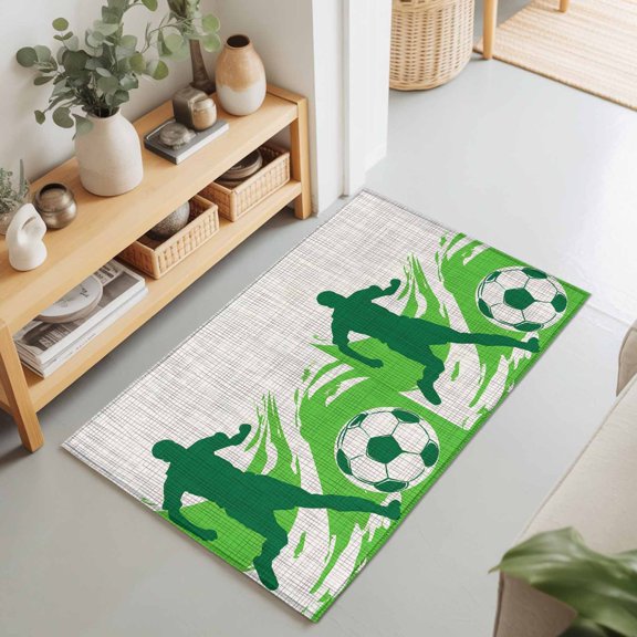 2x3 Ft Entryway Area Rug, Green Football Kitchen Rug Runner Washable Floor Mat, Soccer Sports Player Silhouette Rustic Non Slip Indoor Door Mat Throw Carpet for Bathroom Living Room Bedroom