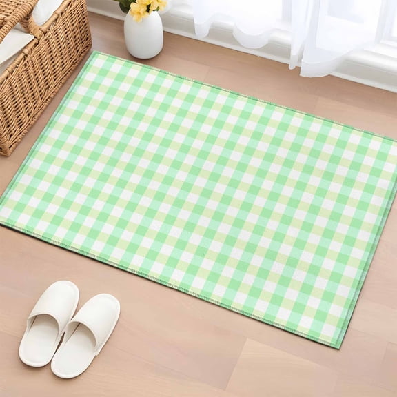 2x3 Ft Entryway Area Rug, Green Grid Kitchen Rug Runner Washable Floor Mat, Checkered Plaid Gingham Lattice Trellis Print Non Slip Indoor Door Mat Throw Carpet for Bathroom Living Room Bedroom