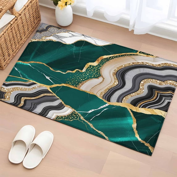 2x3 Ft Entryway Area Rug, Green Marble Kitchen Rug Runner Washable Floor Mat, Grey Gold Texture Vintage Farmhouse Art Non Slip Indoor Door Mat Throw Carpet for Bathroom Living Room Bedroom