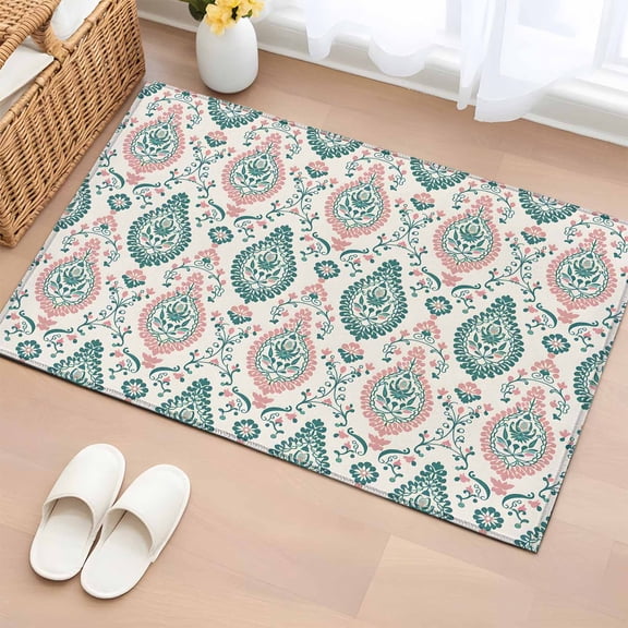 2x3 Ft Entryway Area Rug, Green Pink Boho Kitchen Rug Runner Washable Floor Mat, Ethnic Abstract Geometric Floral Pattern Non Slip Indoor Door Mat Throw Carpet for Bathroom Living Room Bedroom