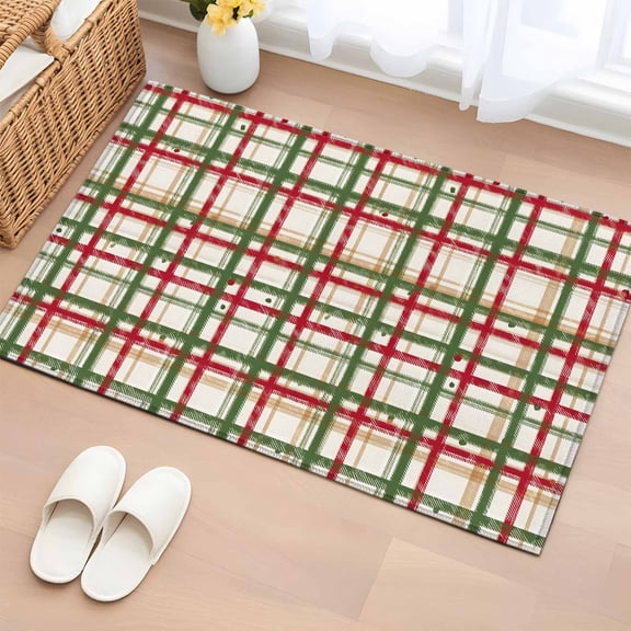 2x3 Ft Entryway Area Rug, Green Red Checkered Kitchen Rug Runner Washable Floor Mat, Farmhouse Christmas Winter Striped Non Slip Indoor Door Mat Throw Carpet for Bathroom Living Room Bedroom