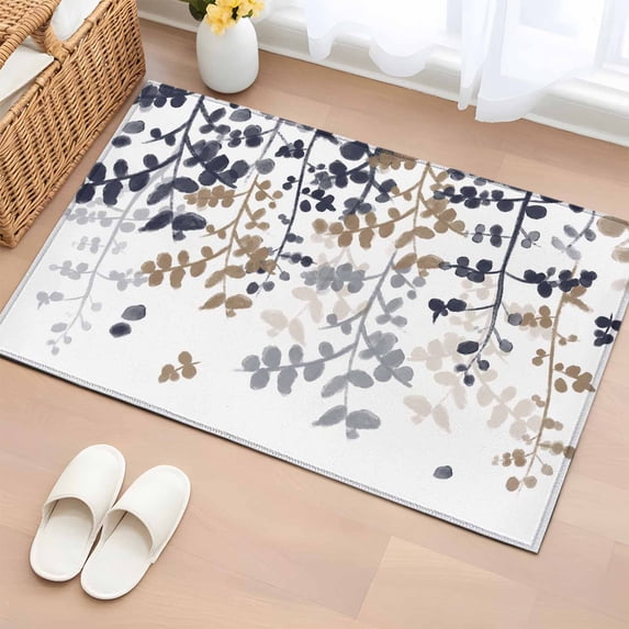 2x3 Ft Entryway Area Rug, Grey Brown Leaves Kitchen Rug Runner Washable Floor Mat, Summer Botanical Non Slip Indoor Door Mat Throw Carpet for Bathroom Living Room Bedroom