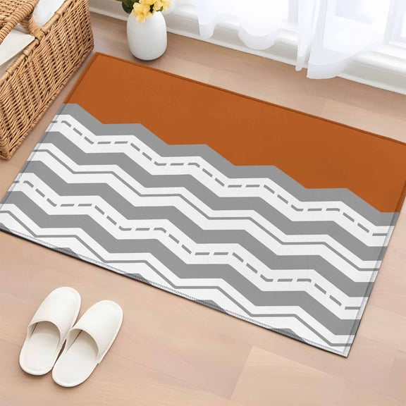 2x3 Ft Entryway Area Rug, Grey Chevron Kitchen Rug Runner Washable Floor Mat, Geometric Orange Print Wavy Striped White Non Slip Indoor Door Mat Throw Carpet for Bathroom Living Room Bedroom