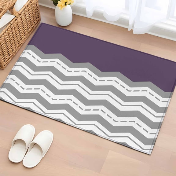 2x3 Ft Entryway Area Rug, Grey Chevron Kitchen Rug Runner Washable Floor Mat, Geometric Purple Print Wavy Striped White Non Slip Indoor Door Mat Throw Carpet for Bathroom Living Room Bedroom