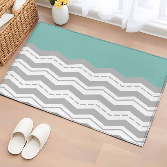 2x3 Ft Entryway Area Rug, Grey Chevron Kitchen Rug Runner Washable Floor Mat, Geometric Turquoise Print Wavy Striped White Non Slip Indoor Door Mat Throw Carpet for Bathroom Living Room Bedroom