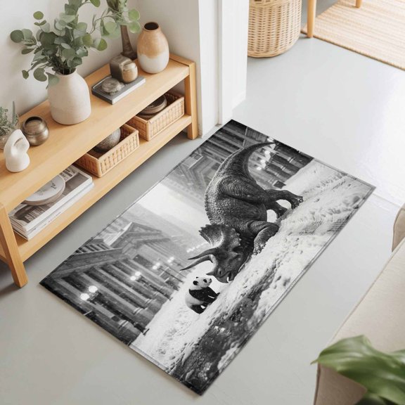 2x3 Ft Entryway Area Rug, Grey Dinosaur Panda Kitchen Rug Runner Washable Floor Mat, Retro City Snowy Animals Abstract Art Non Slip Indoor Door Mat Throw Carpet for Bathroom Living Room Bedroom