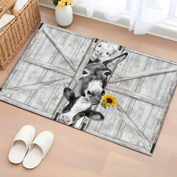 2x3 Ft Entryway Area Rug, Grey Farmhouse Kitchen Rug Runner Washable Floor Mat, Vintage Sunflowers Animals Printed Non Slip Indoor Door Mat Throw Carpet for Bathroom Living Room Bedroom