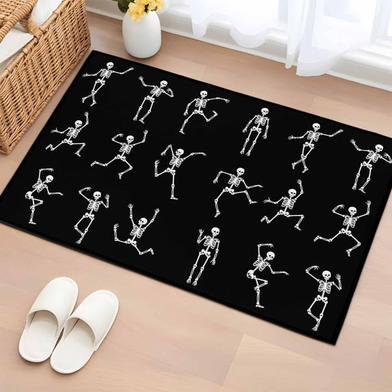 2x3 Ft Entryway Area Rug, Halloween Black Kitchen Rug Runner Washable Floor Mat, Abstract Dancing Skull Skeletons Non Slip Indoor Door Mat Throw Carpet for Bathroom Living Room Bedroom