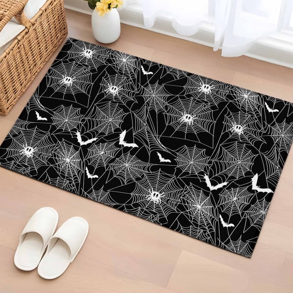 2x3 Ft Entryway Area Rug, Halloween Kitchen Rug Runner Washable Floor Mat, Black Scary White Bat Animal Net Geometric Non Slip Indoor Door Mat Throw Carpet for Bathroom Living Room Bedroom
