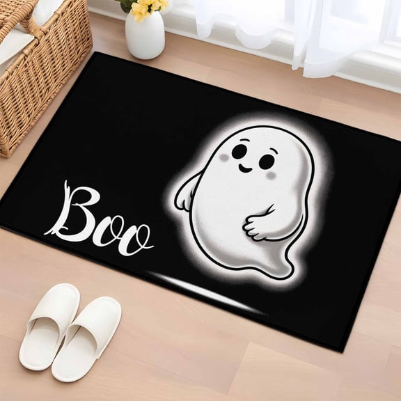 2x3 Ft Entryway Area Rug, Halloween Kitchen Rug Runner Washable Floor Mat, Black Spooky Ghost Boo Cute Halloween Decorations Non Slip Indoor Door Mat Throw Carpet for Bathroom Living Room Bedroom