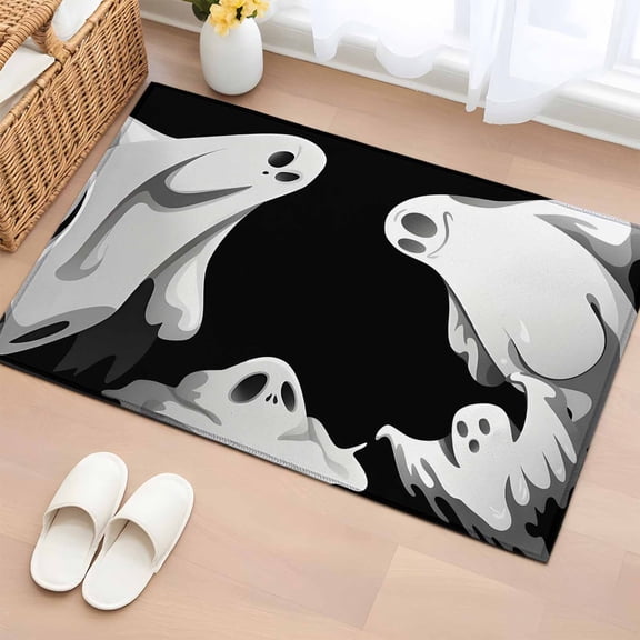 2x3 Ft Entryway Area Rug, Halloween Kitchen Rug Runner Washable Floor Mat, Cartoon Scary Ghost Black Non Slip Indoor Door Mat Throw Carpet for Bathroom Living Room Bedroom