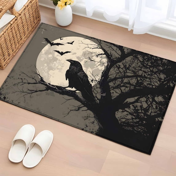 2x3 Ft Entryway Area Rug, Halloween Kitchen Rug Runner Washable Floor Mat, Horror Bat Crow Full Moon Beige Black Non Slip Indoor Door Mat Throw Carpet for Bathroom Living Room Bedroom
