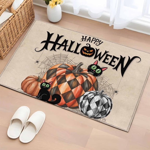 2x3 Ft Entryway Area Rug, Halloween Kitchen Rug Runner Washable Floor Mat, Orange Black Check Pumpkin Cat Spiderwebs Non Slip Indoor Door Mat Throw Carpet for Bathroom Living Room Bedroom