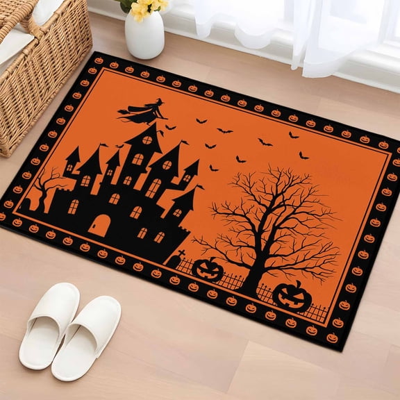 2x3 Ft Entryway Area Rug, Halloween Kitchen Rug Runner Washable Floor Mat, Orange Black Pumpkin Ghost Castle Witch Non Slip Indoor Door Mat Throw Carpet for Bathroom Living Room Bedroom