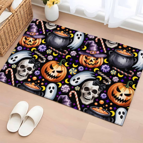 2x3 Ft Entryway Area Rug, Halloween Kitchen Rug Runner Washable Floor Mat, Purple Pumpkin Skeleton Candy Ghost Moon Non Slip Indoor Door Mat Throw Carpet for Bathroom Living Room Bedroom