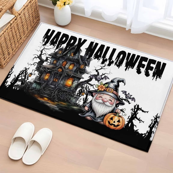 2x3 Ft Entryway Area Rug, Halloween Kitchen Rug Runner Washable Floor Mat, Skull Pumpkin Gnomes Bare Tree Hunting House Non Slip Indoor Door Mat Throw Carpet for Bathroom Living Room Bedroom