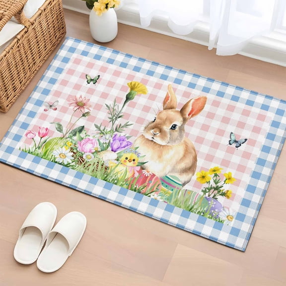 2x3 Ft Entryway Area Rug, Happy Easter Bunny Kitchen Rug Runner Washable Floor Mat, Spring Floral Pink Blue Plaid Non Slip Indoor Door Mat Throw Carpet for Bathroom Living Room Bedroom