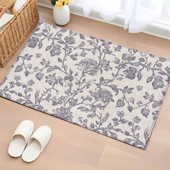 2x3 Ft Entryway Area Rug, Haze Blue Leaf Kitchen Rug Runner Washable Floor Mat, Retro Farmhouse Plant Floral Branch Non Slip Indoor Door Mat Throw Carpet for Bathroom Living Room Bedroom