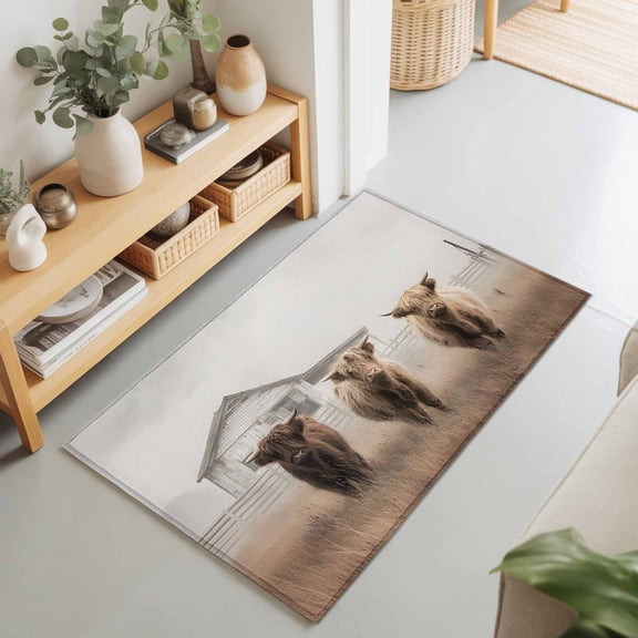 2x3 Ft Entryway Area Rug, Highland Cows Kitchen Rug Runner Washable Floor Mat, Farmhouse Animals Barn Fence Retro Non Slip Indoor Door Mat Throw Carpet for Bathroom Living Room Bedroom