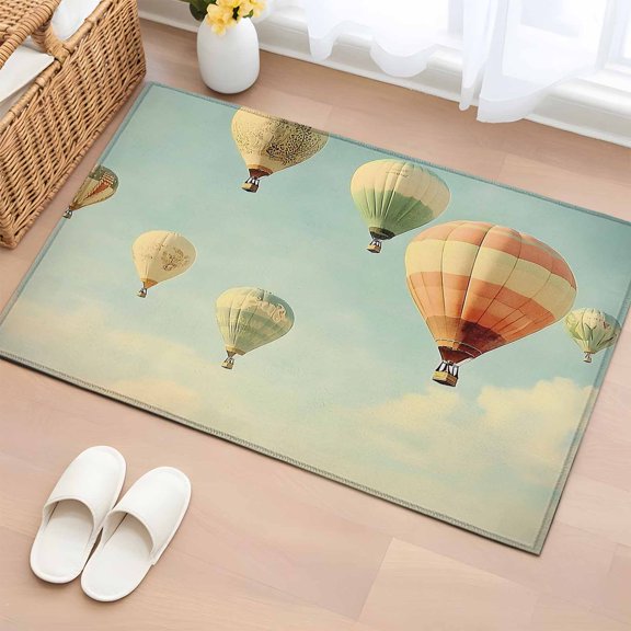 2x3 Ft Entryway Area Rug, Hot Air Balloon Flying Kitchen Rug Runner Washable Floor Mat, Vintage Modern Balloon Non Slip Indoor Door Mat Throw Carpet for Bathroom Living Room Bedroom