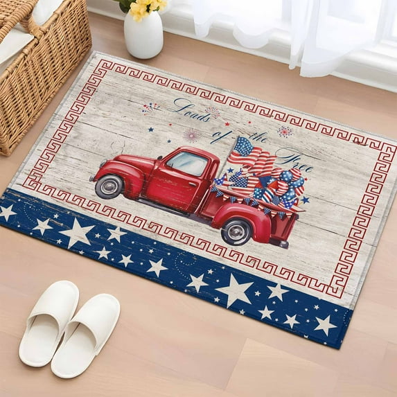 2x3 Ft Entryway Area Rug, Independence Day Kitchen Rug Runner Washable Floor Mat, 4th of July Red Truck Flag Wooden Non Slip Indoor Door Mat Throw Carpet for Bathroom Living Room Bedroom