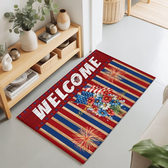 2x3 Ft Entryway Area Rug, Independence Day Kitchen Rug Runner Washable Floor Mat, Patriotic USA Flag Flower Wood Grain Non Slip Indoor Door Mat Throw Carpet for Bathroom Living Room Bedroom