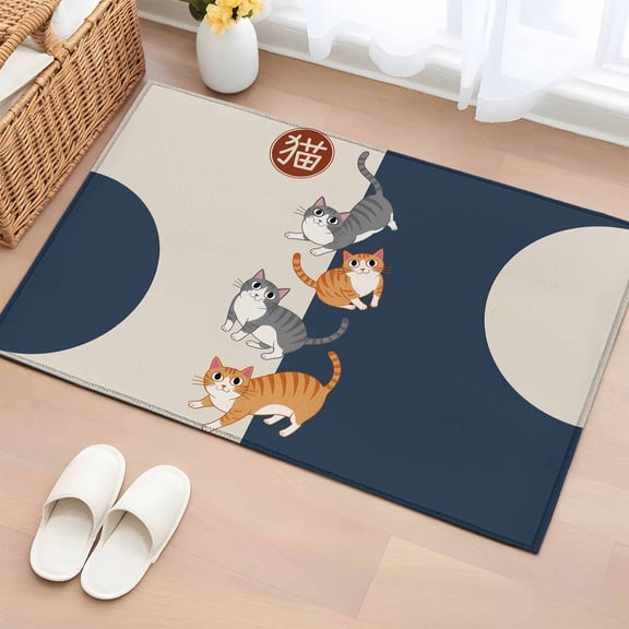 2x3 Ft Entryway Area Rug, Japanese Cute Cats Kitchen Rug Runner Washable Floor Mat, Harmony Cartoon Kitty Non Slip Indoor Door Mat Throw Carpet for Bathroom Living Room Bedroom